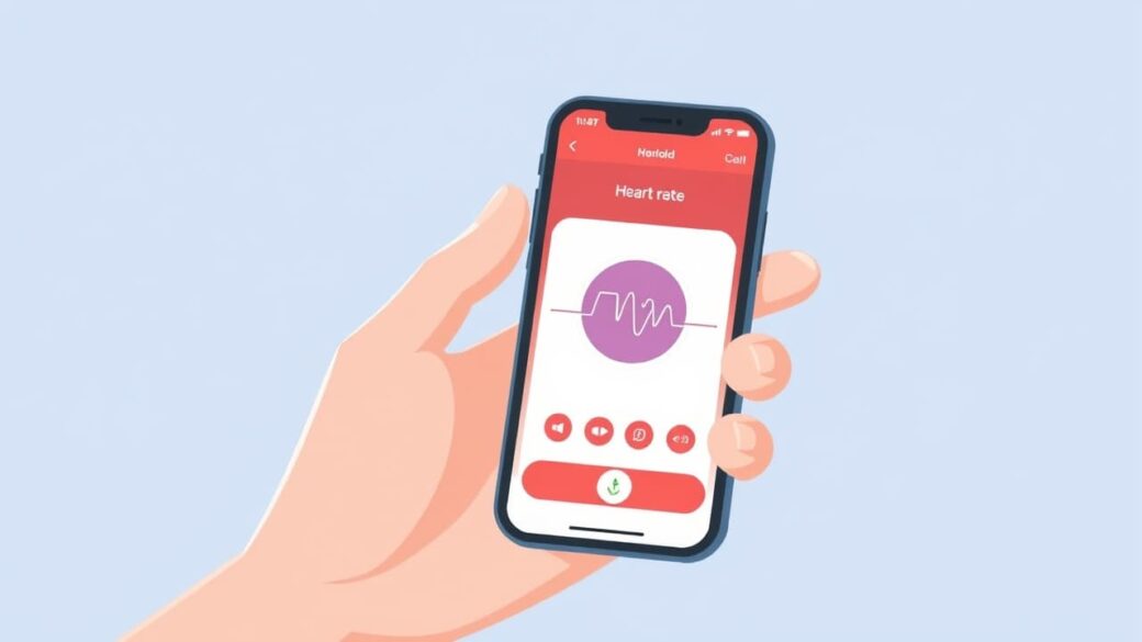 A smartphone displays a healthcare app interface with a heart rate monitor