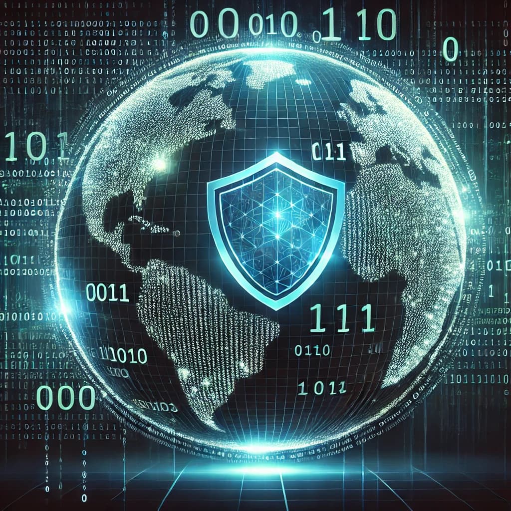 A globe made of binary code, with a shield symbol in the center